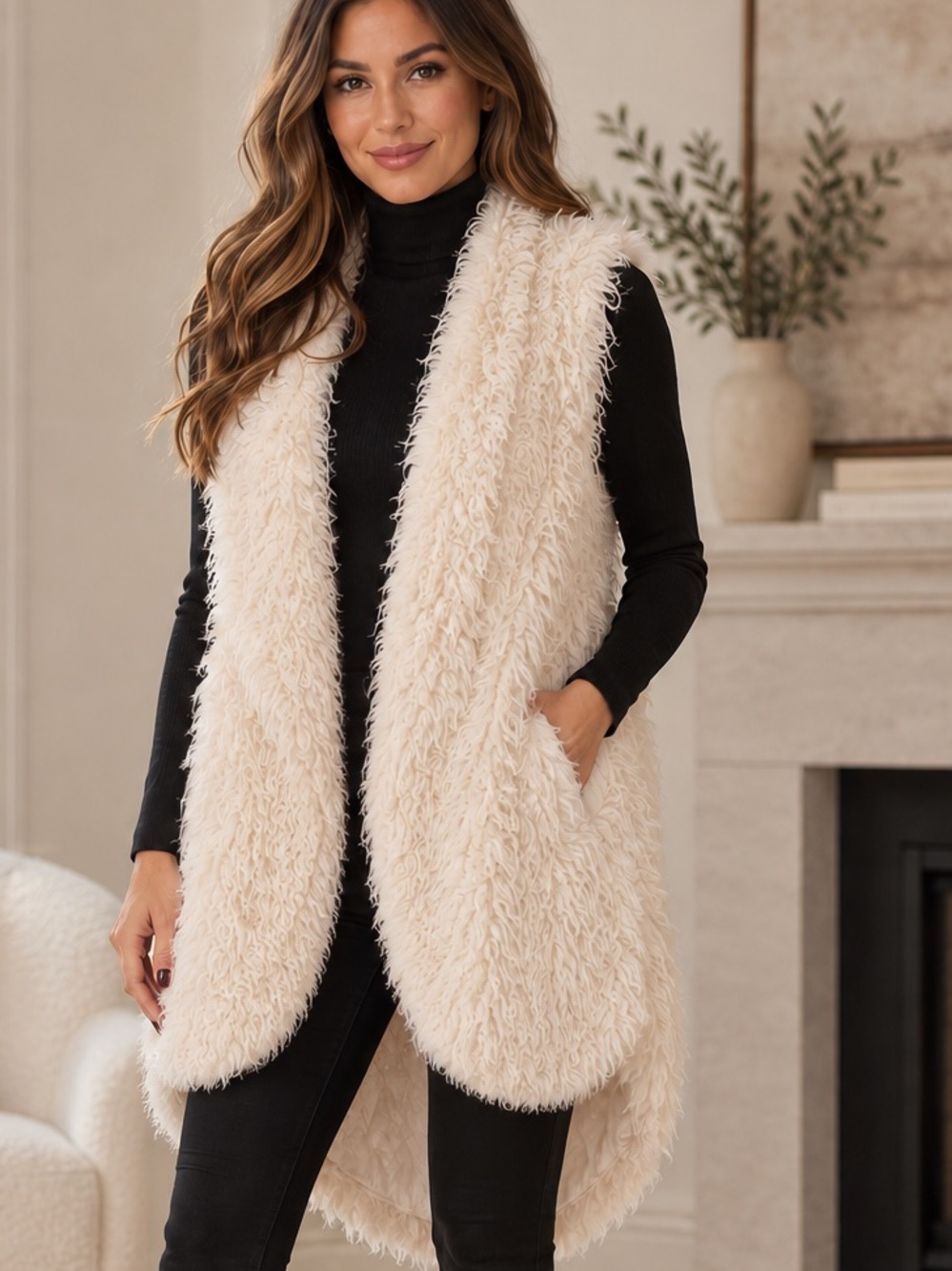Maddison Cream Shaggy Faux Fur Long Vest L